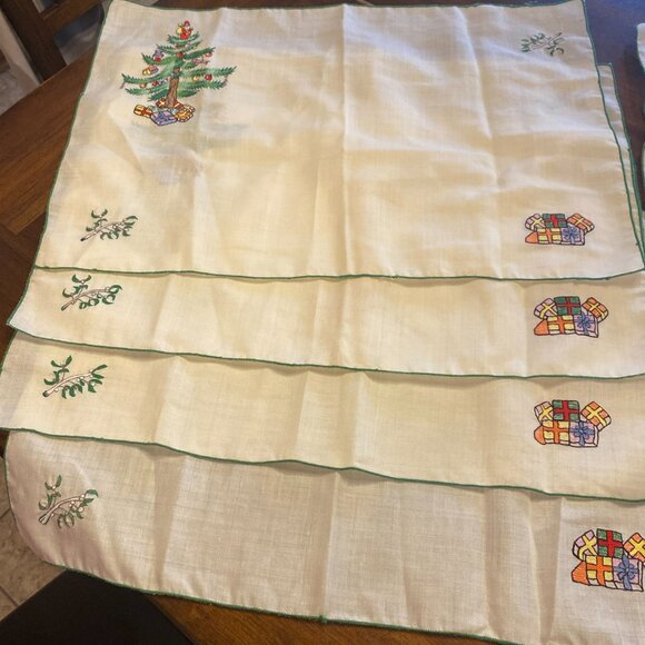 Spode Christmas Linen Embroidery Placemat, off white green edge 18x13 Set of 8 - Picture 8 of 9